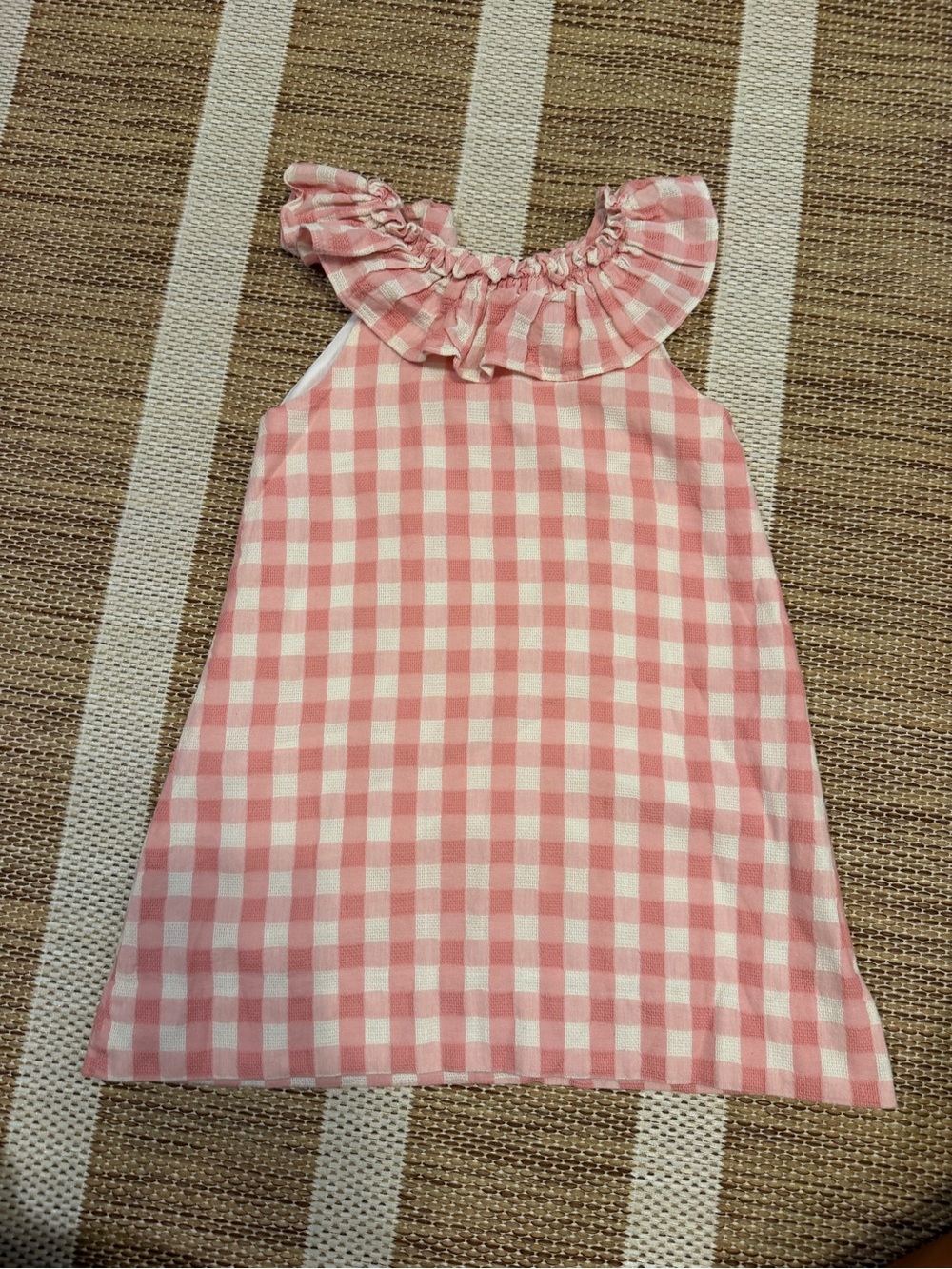 Pink Gingham Ruffle Neck Kids Casual Dress